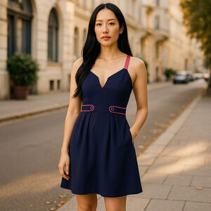 Black Halo Navy Blue with Pink Trim Fit & Flare Cocktail Dress Size 8 USA Made